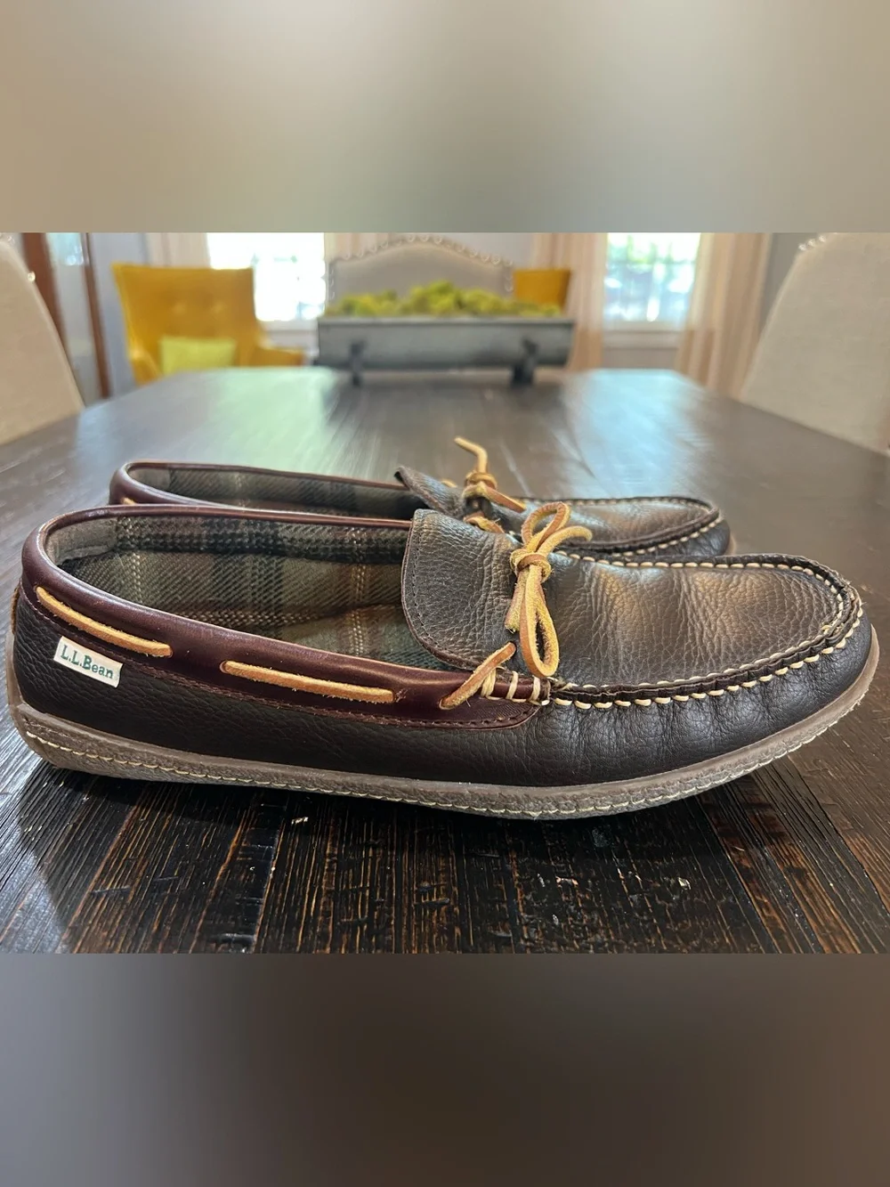 LL Bean Slippers Mens 11 M Brown Leather Flannel Lined Handsewn Moccasin Shoes
